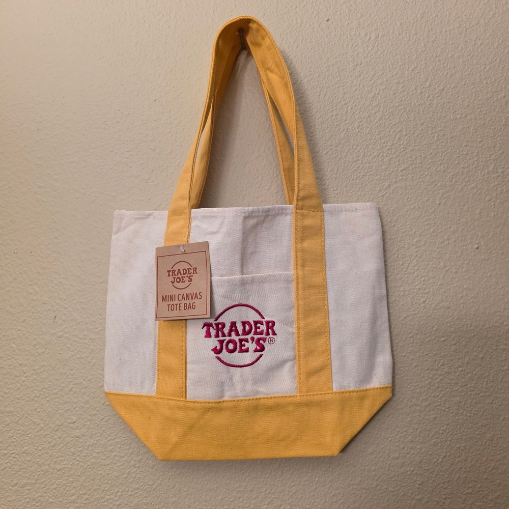 Trader Joe's Mini Canvas Tote Bag Yellow White Limited Edition Reusable Grocery